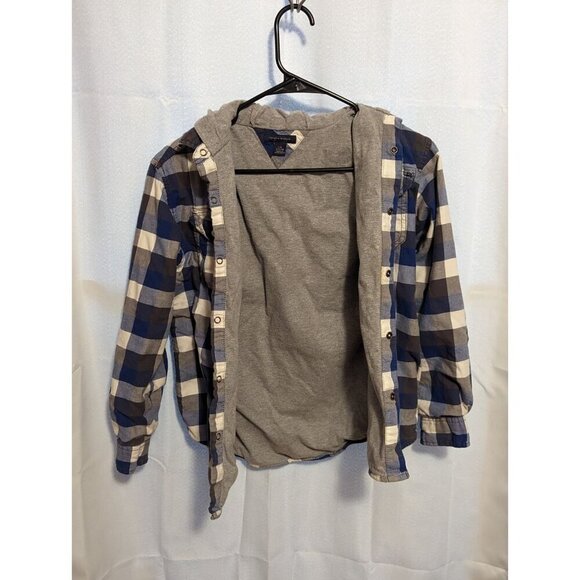 tommy hilfiger Boys Shacket Size Large (12-14) Blue Plaid Hooded Pearl Snaps - Picture 2 of 13